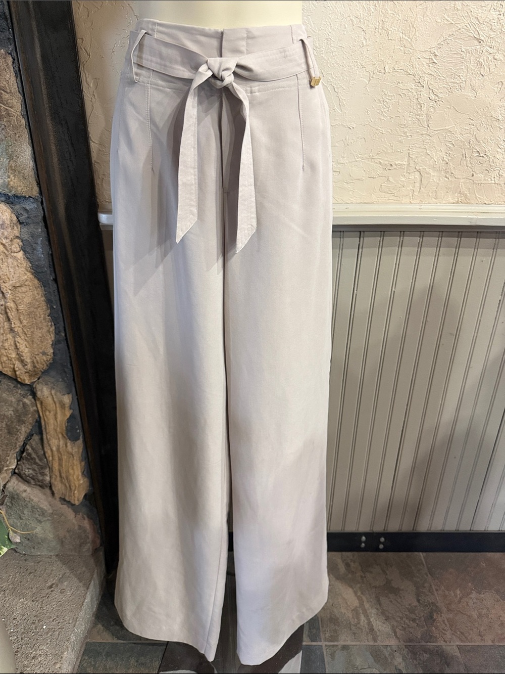 Calvin Klein Light Gray Wide-Leg Tie-Waist Pants